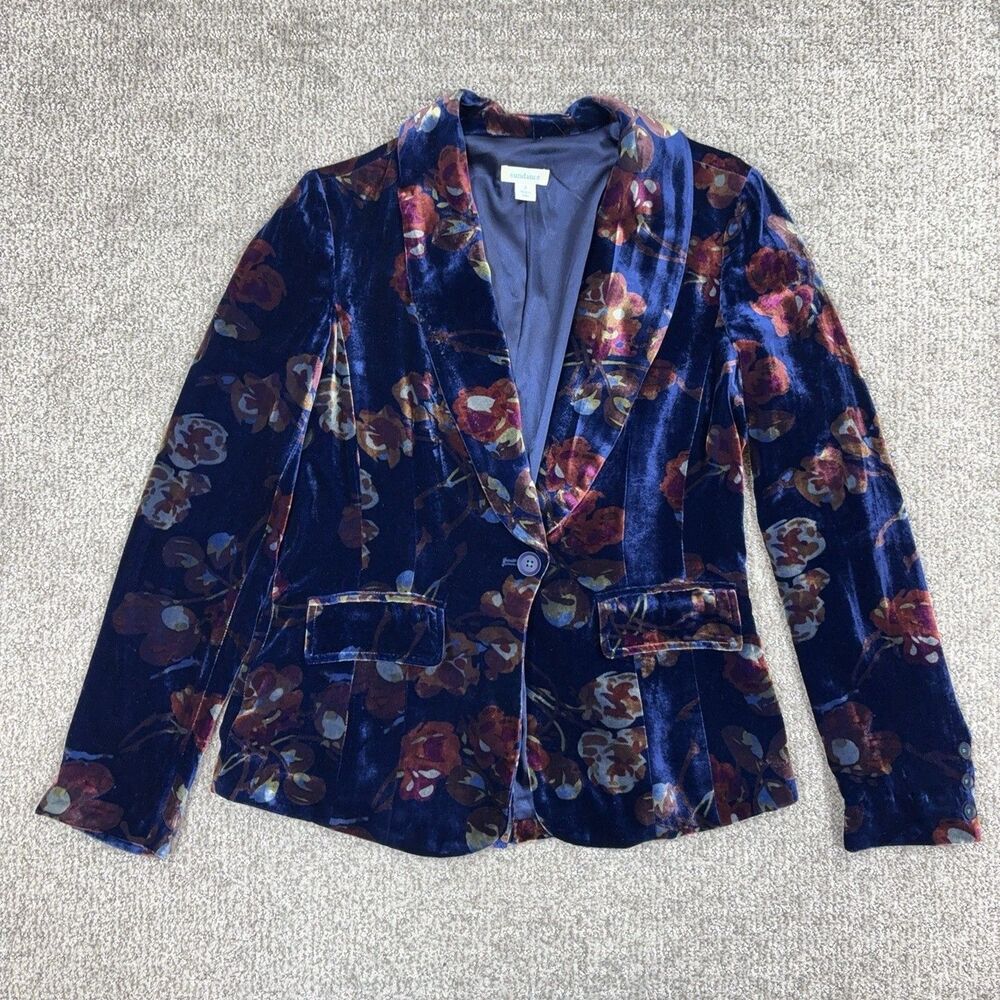 Sundance Blazer Womens 2 Blue Velvet Floral Button Office Career Whimsigoth Boho